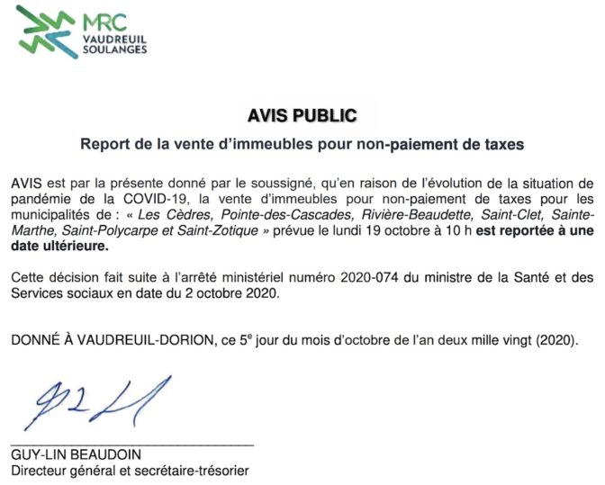 Report de la vente d’immeubles pour nonpaiement de taxes dans